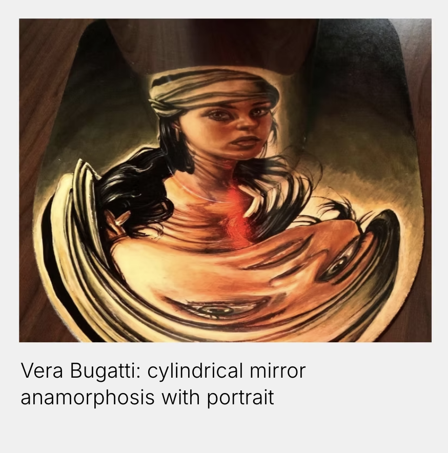 Vera Bugatti: cylindrical mirror anamorphosis with portrait